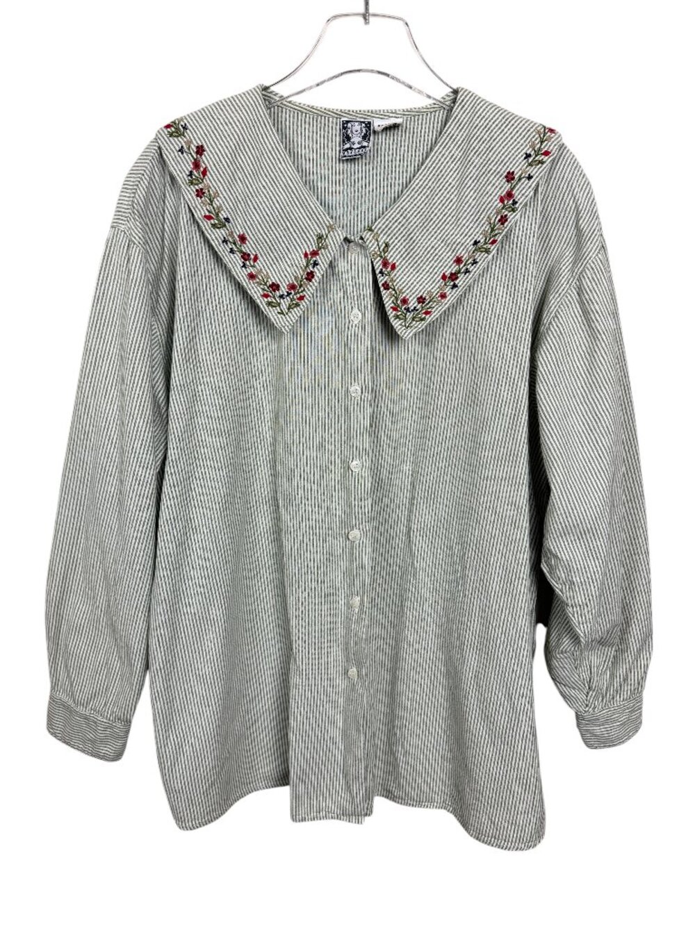 Vintage 90s 22W Embroidered Collar Ticking Stripe Cotton Blouse Cottagecore